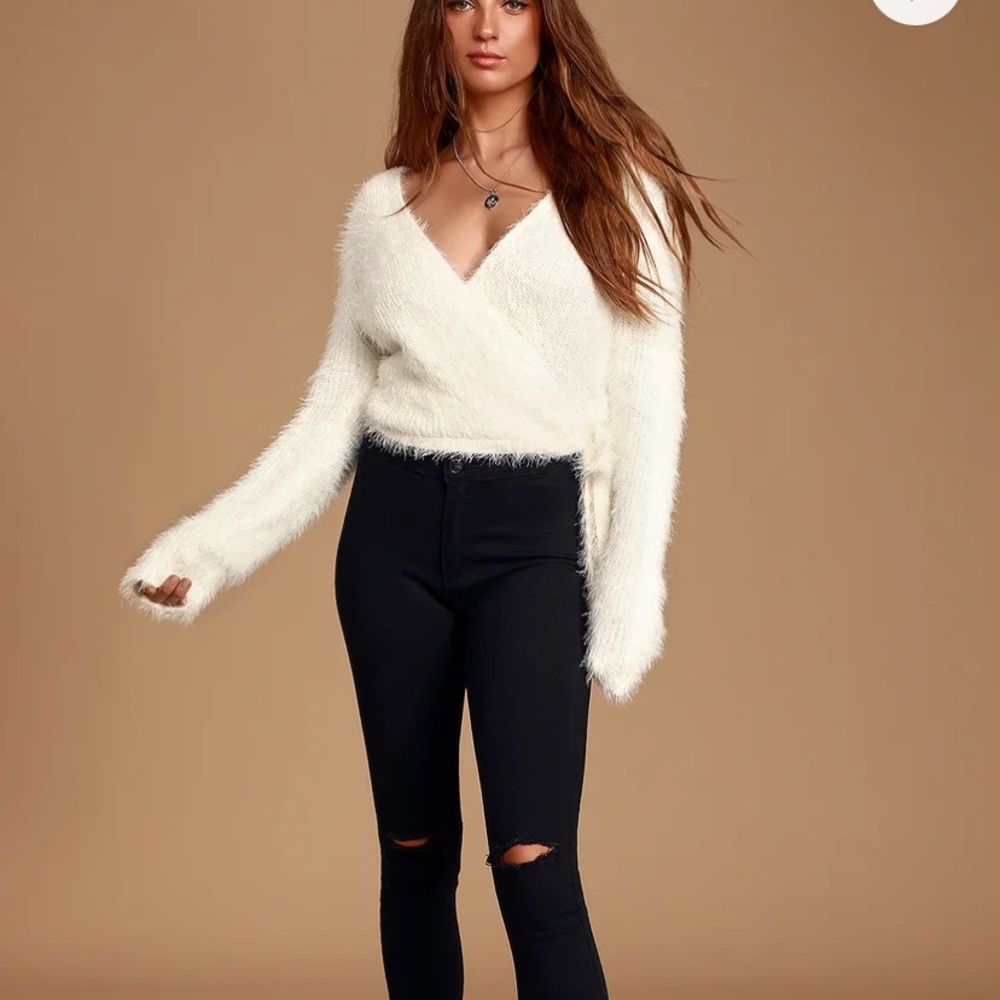 White fuzzy knit wrap blouse